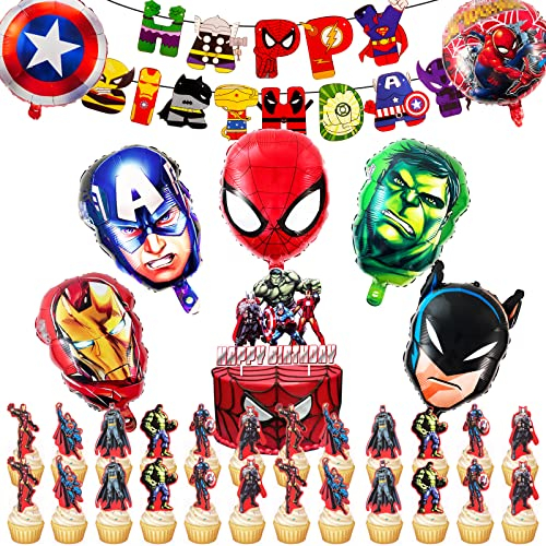 Party Decorations, 33 PCS Birthday Decorations Hero Party Supplies Include 7 Large Foil Balloons Theme Birthday Balloons and Cake Topper for Boys Girls