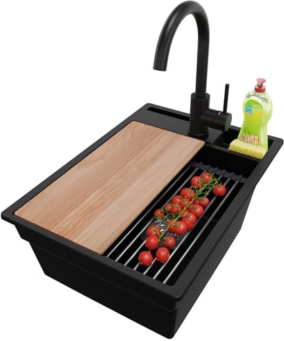 PRIMAGRAN Granitspüle ab 40er Unterschrank + Küchenarmatur, 38x53cm | Set: Küchenarmatur BW5010 + Ablauf-Set (Siphon, Ablaufgarnitur, Überlauf) + Spülbecken 1 Becken - Oslo Pocket, Schwarz