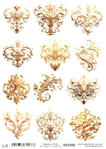 Josys Bastelmärchen Reispapier A4 Strohseide Decoupage Motiv Ornament Gold Goldene Ornamente RE5566
