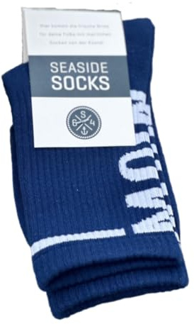 Seaside No.64 Socken mit maritimer Botschaft – verschiedene Ausführungen | Tennissocken im nordischen Stil - farbige Strümpfe mit Schriftzug - Unisex auch für alle Landratten – Seaside No.64
