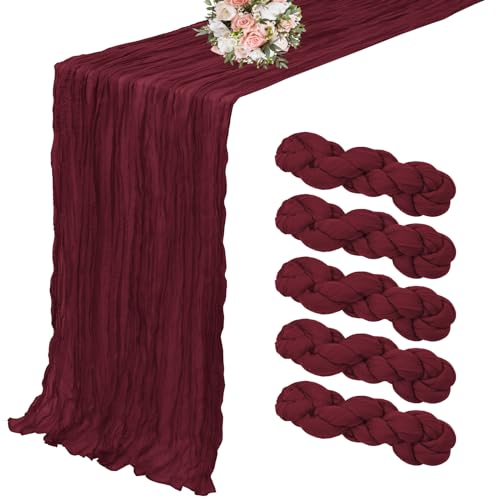 5er-Pack Käsetuch-Tischläufer, burgunderfarbener Tischläufer, 3 m, Tischläufer, rustikale Gaze-Tischläufer für Hochzeitstischdekoration, Hochzeitsbogen, Party-Dekoration (90 x 300 cm)