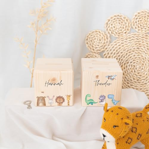 wunderwunsch® - Personalisierte Spardose Kinder aus Holz mit Metallschloss - Spardose mit Namen mit kinderfreundlichem UV-Druck zum Sparen für Kinderträume (Dinos)