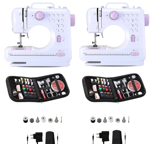 2x Máquina de Coser Portátil con 2 Velocidades y 12 Puntadas, Pedal, 2 Carretes, Aguja de Recambio, Cortador de Hilo y Luz de Trabajo, Funcionamiento con Cable o Pilas AA (no incluidas)