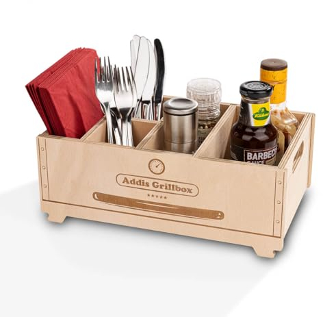 INEXTERIOR Grillbox aus Holz - Geschenk für Männer - Tischdeko - Serviettenhalter - Besteckbox - Serviettenringe - Saucenbox - Besteckhalter - Grill (Grillbox Personalisierbar, Personalisierbar)