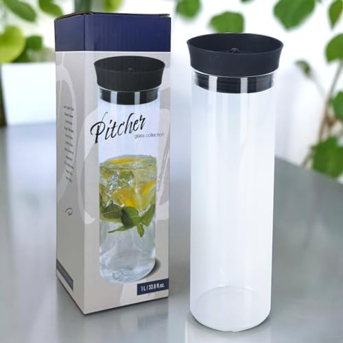 MIJOMA - Glaskaraffe mit Automatik-Verschluss, 1L, Borosilikatglas & Edelstahl, Spülmaschinenfest