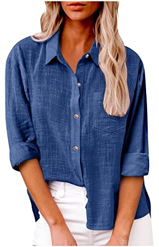 Hemden Damen,Long Hemd Damen Lang,Leinen Damenhemd Sommer Langarm Revers Button Down Hemd Leichte Gaze lose lässige Mode Shirt Kleidung,blau,S