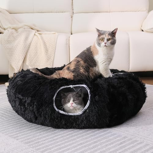 RYpetmia Plüsch-Katzentunnelbett für Indoor-Katzen mit weichem Kissen, Multi-Form-Spielhöhle mit hängenden Bällen, großer und Faltbarer Katzen-Donut-Tunnel für kleine und große Haustiere (Schwarz)