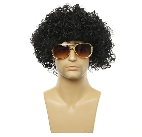 woojfcang Short Black Curly Afro Wigs for Mens Womens,Glueless Afro Kinky Headband Wig,Natural Synthetic Hair Wig,for 60s/70s/80s Theme Party, Fancy Dress, Halloween Costume, Hippie, Disco Fever