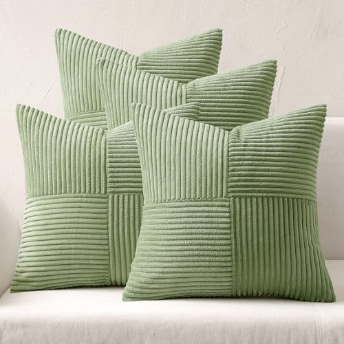MIULEE 4er Set Kordsamt Kissenbezug Patchwork Kissenhülle Weich Dekokissen Modern Unsichtbarer Reißverschluss Sofakissen Zierkissen für Sofa Wohnzimmer Schlafzimmer Grün 45x45 cm