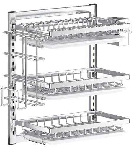 Escurridor de Platos de 3 Niveles para Colgar con escurridor, escurreplatos de Acero Inoxidable para encimera de Cocina, Estante de Secado de Platos montado en la Pared