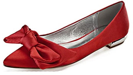ZhiQin Ballet Pumps White Satin Women Wedding Shoes Flat Soft Sole Casual Prom Party Shoes,Red,7 UK
