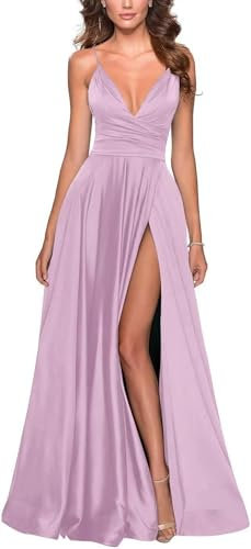 CHARMANT BRAUT Sexy Abendkleider A-line Seitenschlitz Spaghetti-Traeger Damen Lang Festliche Kleider Ballkleider Brautjungfernkleider Lang-36 Flieder