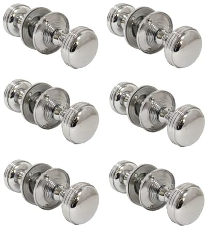 Chrome Polished Round Door Knob Set with Tubular Latch – Heavy Reeded Style Sprung Door Knobs for Internal & External Doors. (6 Pair of Handles)