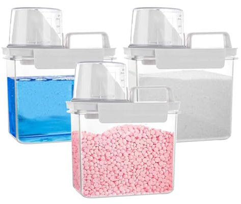 LOPYXBR 3 recipientes de almacenamiento de detergente en polvo, 1100 ml, contenedor de almacenamiento de alimentos para perros con tapa y taza medidora, almacenamiento de detergente para ropa para