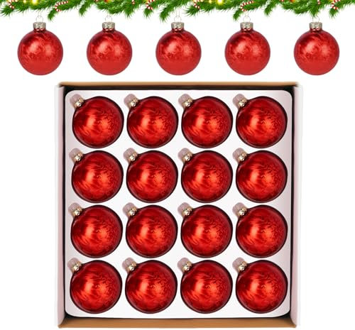 Hengsong Christbaumkugeln Glas,16 Weihnachtskugeln Glas Rot 6cm,für Weihnachtsbaumschmuck&Christbaumschmuck,mit Federmotiv,Weihnachtskugeln Rot