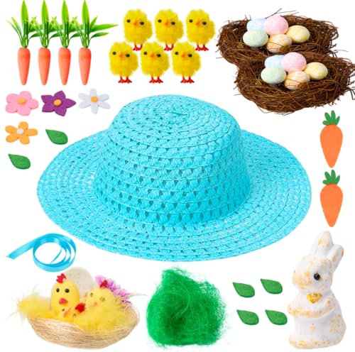JOYIN Easter Bonnet Kit Easter Make Your Own Bonnet Hat Craft Set with Chicks, Bunny, Carrots, Eggs, Nests, Felt Decors, Grass, Flower, Ribbon, Kids Easter Bonnet DIY Activity (Blue Hat)