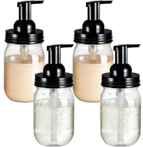 Amolliar Plastic Mason Jar Foaming Soap Dispenser with Pump Lid,16OZ Refillable Hand Soap Dispenser Set with Cute Lables - Farmhouse Decor for Kitchen/Bathroom, Lotion Liquid Dish Soap (4 Pack, Black)