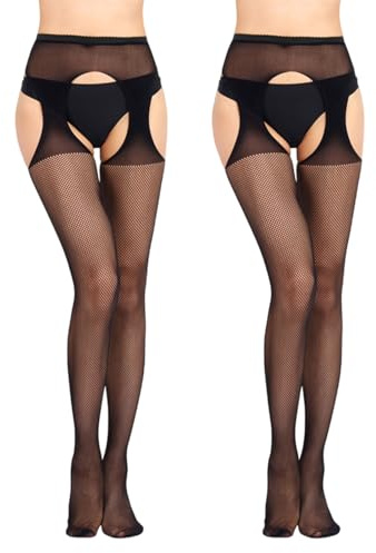 UILYNIU 2 Pairs Suspender Tights for Women, Fishnet Tights Womens, Garter Stockings, High Waist Fishnet Stockings, Thigh High Mesh Garter Stocking, Fashion Pattern Pantyhose, One Size (Black)