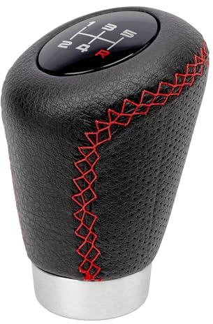 +PWR Car Parts Universal Gear Shift Knob OEM Sport Short Model Black Micro-Perforated Leatherette with Red Stitching. 27 mm Shifter. with Interchangeable Gear Shift Patterns.