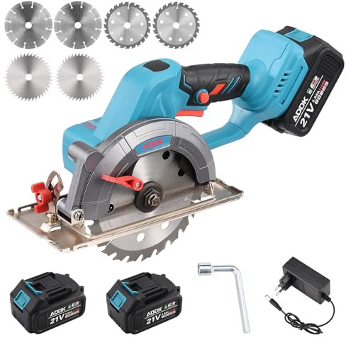 Sierra circular eléctrica inalámbrica con 2 baterías de 21 V y 3.0 Ah, sierra circular compacta con 6 cuchillas para madera, metal suave, cortes de plástico, mango de goma, profundidad y ángulo
