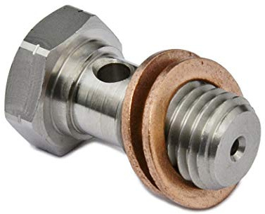 PrecisionGeek® Hohlschraube M12 x 1,5 mm mit 2 mm Drossel, Edelstahl AISI 303, Turbo Ölzulauf mit 2 Kupfer-Dichtringen, für Mazdaspeed 3 und Mazdaspeed 6 2.3 Turbo, Made in EU, 1 Stück