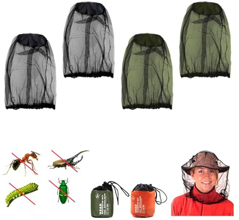MUNSKT 4 PCS Chapeau Moustiquaire avec 2 Sacs de Rangement, Protection Faciale Ultra Fine Anti-Insectes pour Le Camping, la Randonnée, Pêche et Les Voyages en Plein Air, Noir et Vert