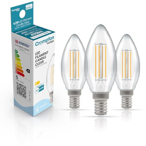 Crompton Lamps Filament Candle LED Light Bulb SES-E14 | 4.2W = 40W Equivalent | Cool White 4000K | Energy Efficient | Small Screw Lightbulb | Long Life 15000-Hrs | Clear Glass | Dimmable | 3-Pack