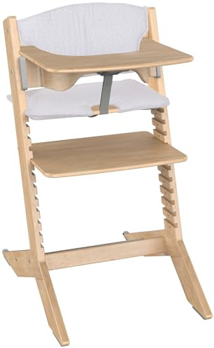 Geuther Kinderhochstuhl Holz Nala, Set Hochstuhl Baby +Tisch+Sitzkissen, mitwachsender & ergonomischer Kinderstuhl, höhenverstellbar mit One-Click-System, Babystuhl belastbar bis 90kg I Farbe Natur