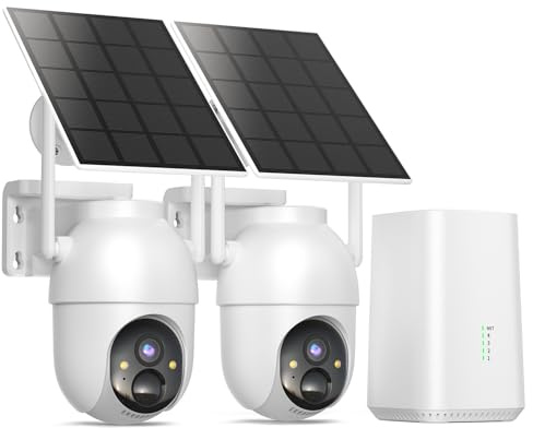 BOOPEX 2K Überwachungskamera Aussen Akku Solar, 2-Cam-Kit mit Basisstation, 360° PTZ Kabellos Kamera mit 32G Lokaler Speicher, Keine Gebühren, KI-Erkennung, Farbe Nachtsicht 2 Wege Audio, 5G/2,4G WLAN