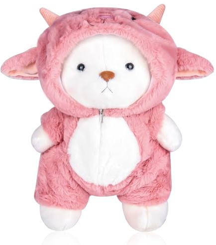 YHNDECO Ours en peluche, 40 cm, avec costume de mouton rose, articulations de jambes mobiles, mignon ours en peluche, vêtements amovibles