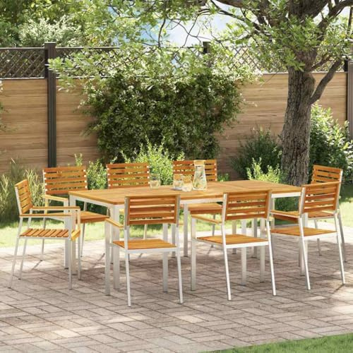 Yunovire Garten Essgruppe 9-teilig, Braun Massivholz Akazie, Outdoor Essgarnitur mit 6 Stühlen, Kissen, Tisch, wetterfestes Terrassenmöbel Set für 8 Personen