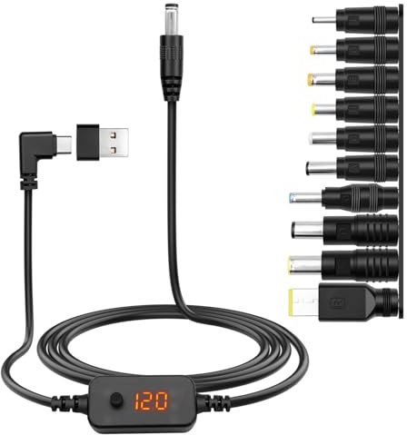 Hoembpn Cable Alimentation Adaptateur PD/USB vers DC 5V,9V,12V,15V,20V Tension Réglable Type C à Angle Droit to 5.5x2.1mm Cordon Chargeur Universel avec 10 DC Convertisseur pour Routeur Tablet(1.2m)