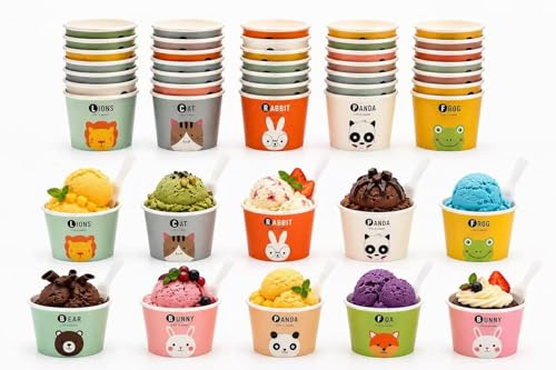 Fancysky Bunte Eisbecher aus Papier mit niedlichem Tiermotiv, inkl. Papierlöffel (50)
