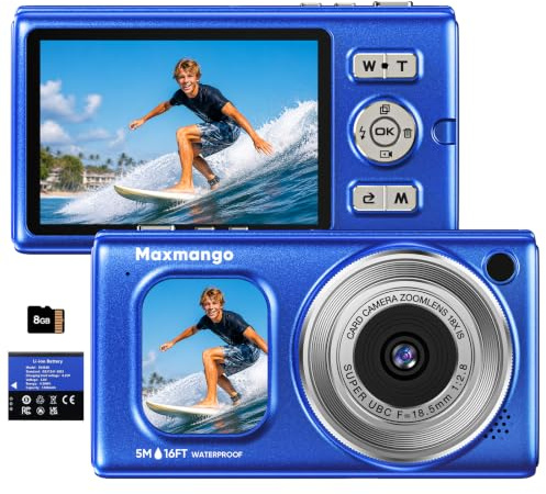 16FT Cámara Subacuática Impermeable 4K 48MP con Batería Extraíble 1500mAh | Maxmango D71 Cámara Digital con Doble Pantalla, Zoom 18X, Autofocus, Diseño Flotante para Snorkel, Surf y Natación, Azul(8GB)