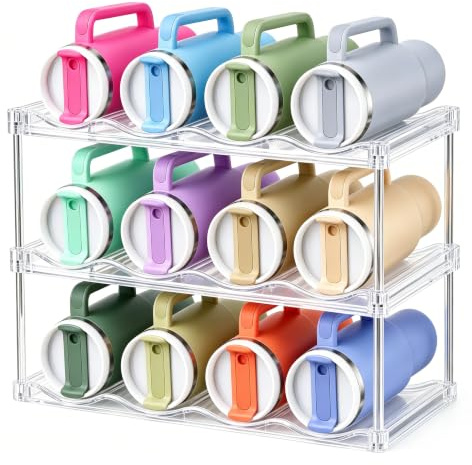 Water Bottle Organiser, Sturdy Integrated 3 Tier Wine Rack and Cupboard Storage Holder for Fridge, Pantry, Kitchen Countertop, Clear PET Plastic Bottle Rack for Tumblers, Travel Mugs, 1 Pack