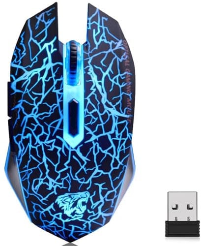 TENMOS M2 Wireless Gaming Mouse, Silent Rechargeable Optical USB Computer Mice Wireless with 7 Color LED Light, Ergonomic Design, 3 Adjustable DPI Compatible with Laptop/PC/Notebook, 6 Buttons (Black)