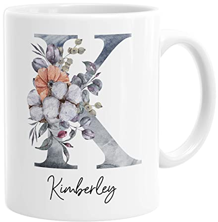 Personalised Initial Floral Watercolour Custom Name Coffee Mug Tea Hot Chocolate Cup Gifts for Her Birthday Christmas Mothers Day Cute Girls