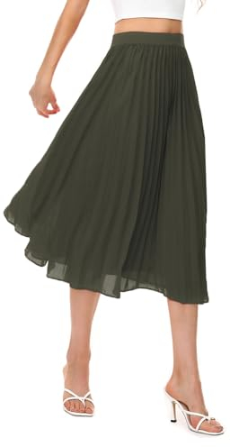Durio Midirock Damen Faltenrock Plissee Damenrock Leicht Casualrock Chiffon Röcke A-Linie Grün 44(Tag Size 2XL)