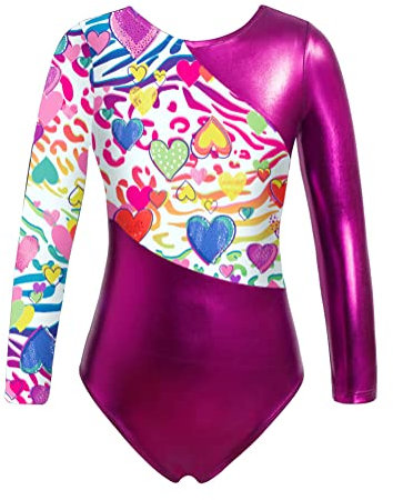 Alvivi Maillot de Gimnasia Rítmica para Niña Body Danza de Manga Larga Maillot Brillante de Baile Leotardos Gimnásticos Coloridos Disfraz de Bailarina 5-16 años A Fucsia 5-6 años