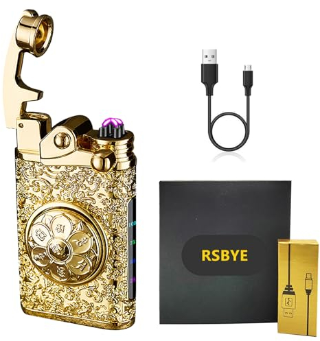 RSBYE Schön Feuerzeug Elektrisch, Lichtbogen Feuerzeuge Interessant, Elektrisches Feuerzeuge mit Batterieanzeige, USBFeuerzeug mit Geschenkbox, Personalisiertes Feuerzeuges für Männer und Damen (Gold)