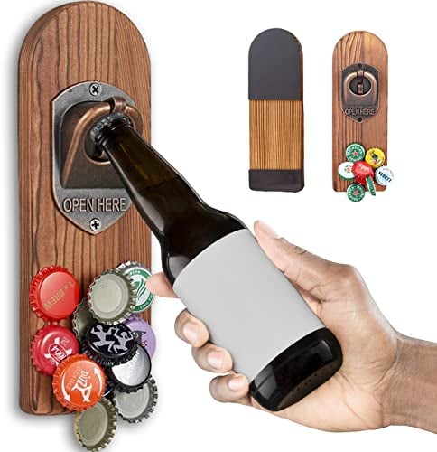 ZONSUSE Flaschenöffner Wand Magnet mit Auffangbehälter,Vintage Holz Bieröffner Wand mit Behälter,Magnetischer Flaschenöffner,Einzigartige Geschenkideen Geschenke für Männer Weihnachten Geschenke
