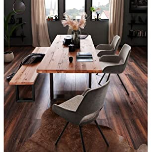 expendio Essgruppe Carson Wildeiche massiv 180x76x100 cm + Bank Carson + Sessel Petra 2 Melange Esszimmer Tischgruppe