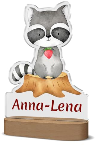 Niedliches Nachtlicht für Kinder mit farbigem Waschbär Motiv und Namen | Perfektes zur Taufe oder zum Geburtstag - inklusive LED Holzsockel mit mehreren Farben und USB-Kabel