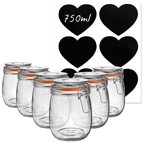 Argon Tableware Glass Storage Jars with Labels - Vintage Food Preserving Container - Clip Lid - 750ml - Orange, White, Clear & Black Seals - Pack of 6