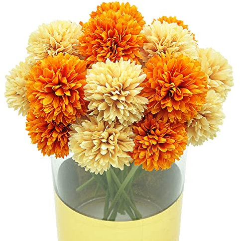 Künstliche Kunstblumen, Seide, Chrysanthemen, Kugel, Hortensien, Arrangements, Hochzeitssträuße, Dekoration, Zuhause, Küche, Garten, Party, Tisch, Blumenaufsätze, DIY, Beige und Orange, 20 Stück
