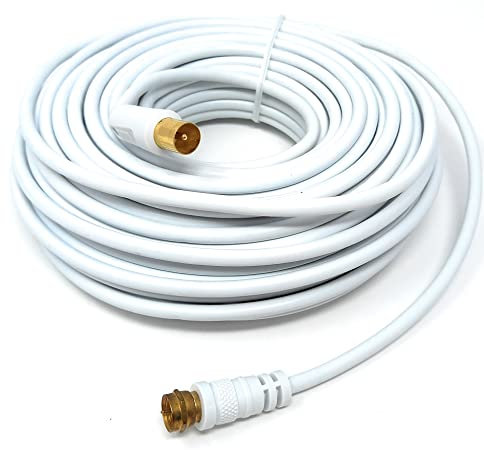 DRUT 20m RF TV Aerial Male to F Type Connector Male Plug Coaxial Coax Cable, Lead, 75 Ohm, 3C-2V 65ft White Gold Connectors