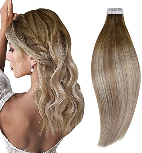 RUNATURE Tape Extensions Echthaar Balayage Braun Blond 45cm Echthaar Extensions Tape Dunkelbraun Balayage Aschbraun Ombre Mittelblond Tape in Extensions Echthaar #3/8/22 20Pcs 50g