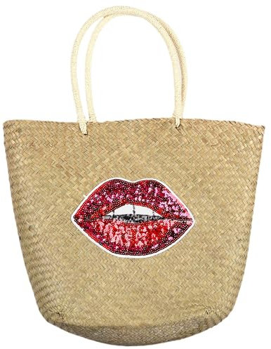 Linnea Sac de Plage Pop Playa Paille de blé tréssée Motif Bouche Sequins