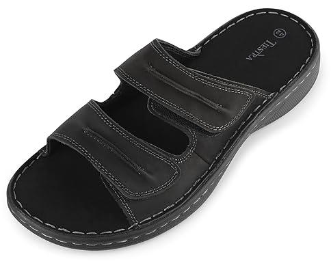 TIESTRA Mens Slide Sandal Summer Beach Indoor and Outdoor Anti-skidding Slide Slippers with Two Adjustable Leather Straps Blcak EU44/UK10
