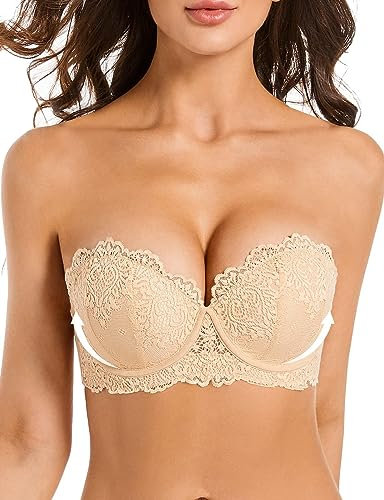 YANDW Trägerloser Stark Gepolsterter Push Up Spitzen BH mit Multiway Transparenten Trägern Trägerlos Damen Balconette BHS Nude,36D